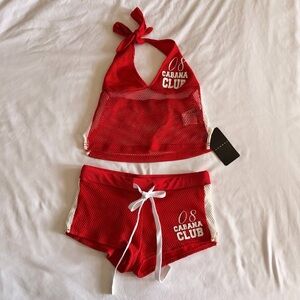 Red Mesh matching halter top and short set